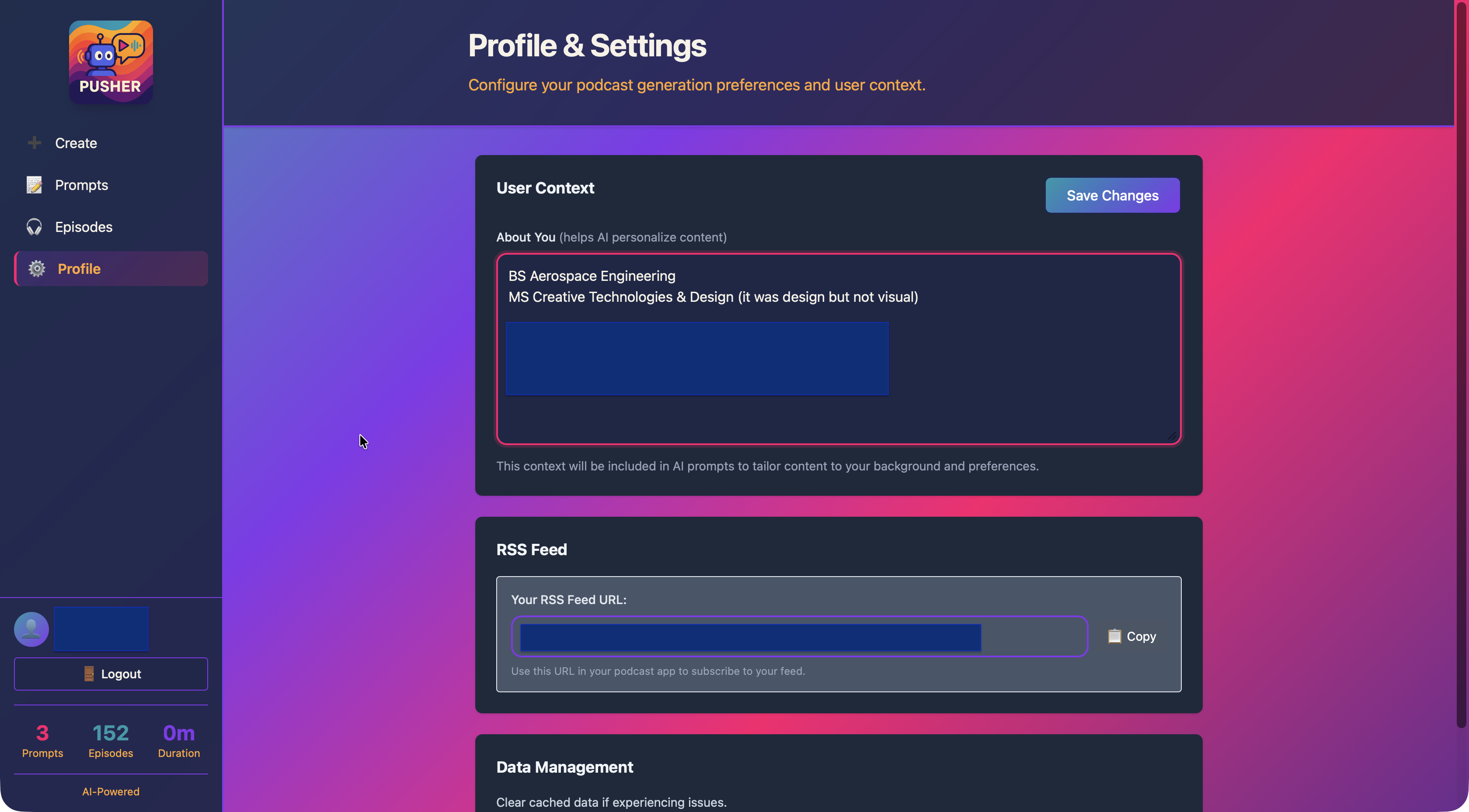Profile and Settings page with user context for AI personalization and private RSS feed URL