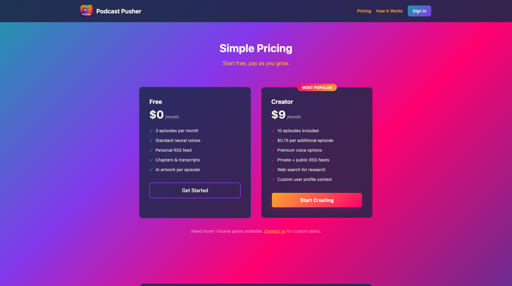 Pricing page showing Free and Creator tiers