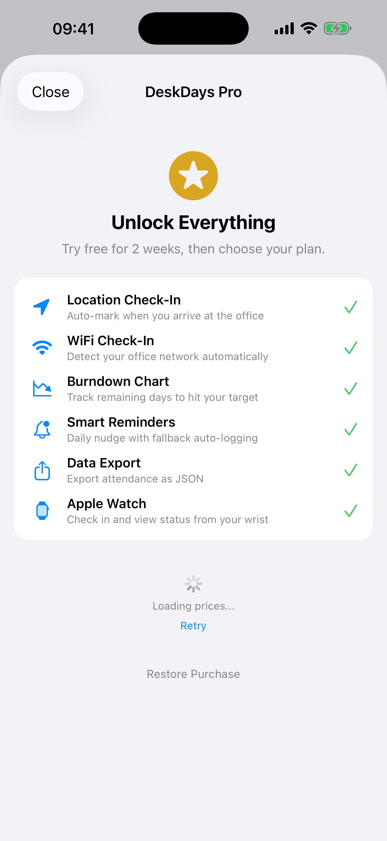 DeskDays Pro upgrade screen showing auto check-in, reminders, and Apple Watch features