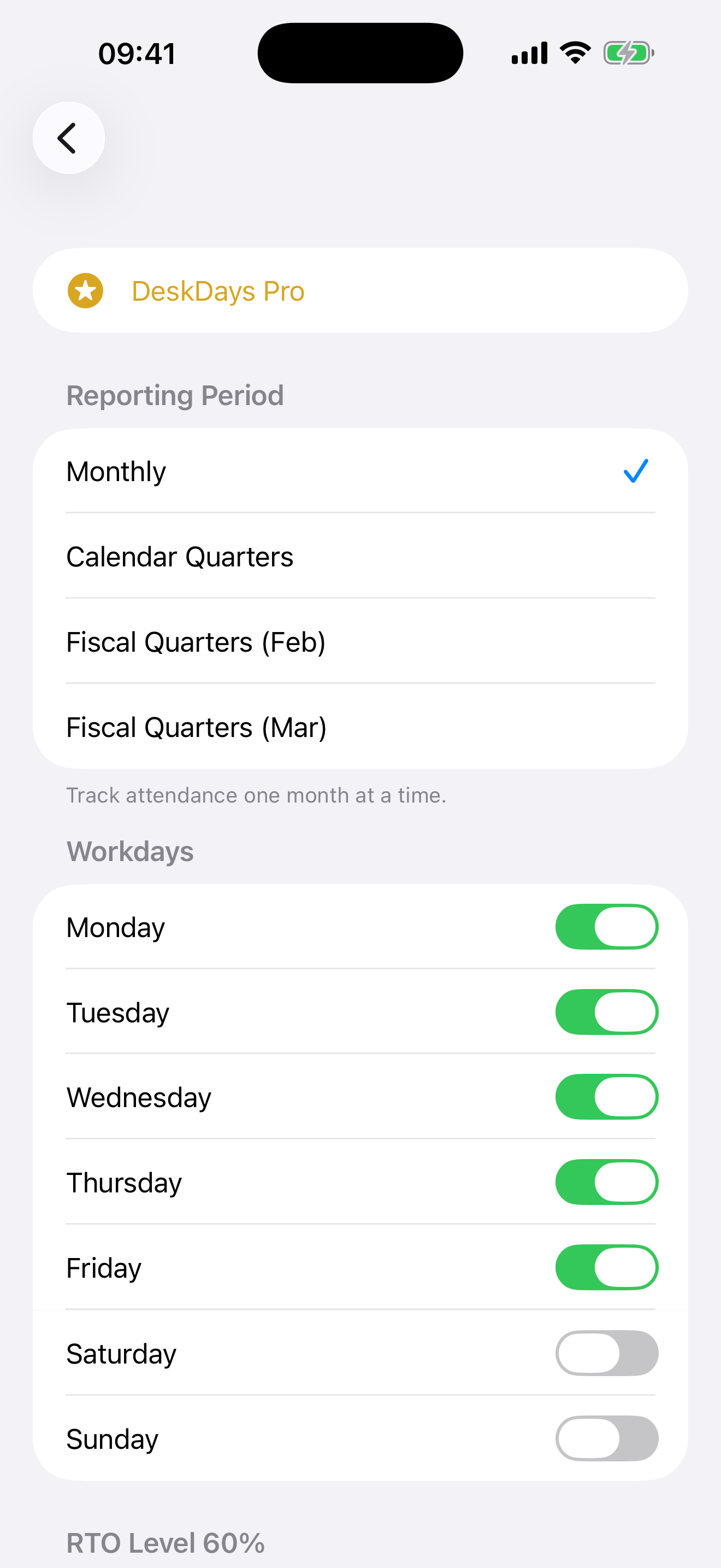 DeskDays settings screen with target percentage, reporting period, and workday configuration
