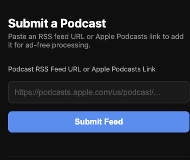 PodWash submit page header with URL input field and Submit Feed button